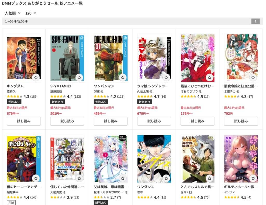 DMMブックス ありがとうセール対象作品一例
