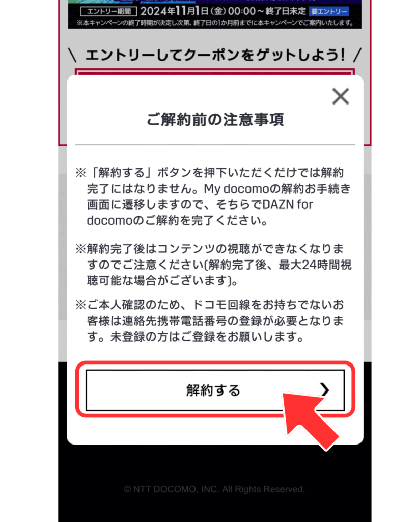 解約前の注意事項を読んで「解約する」を押します