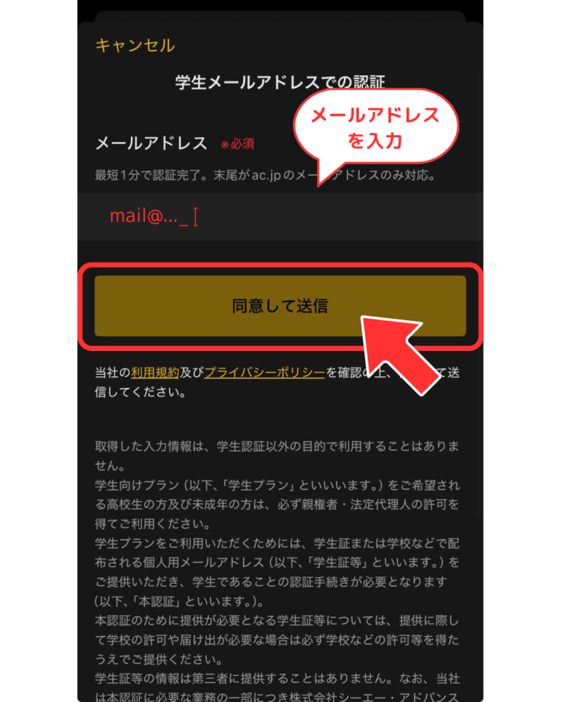 メールアドレスを入力して送信する