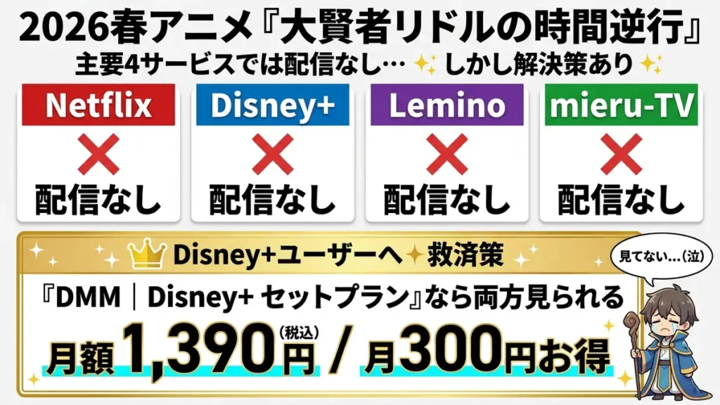 Netflix・Disney+・Lemino・mieru TVでは視聴できない。Disney+ユーザーはDMM｜Disney+セットプランがおすすめ