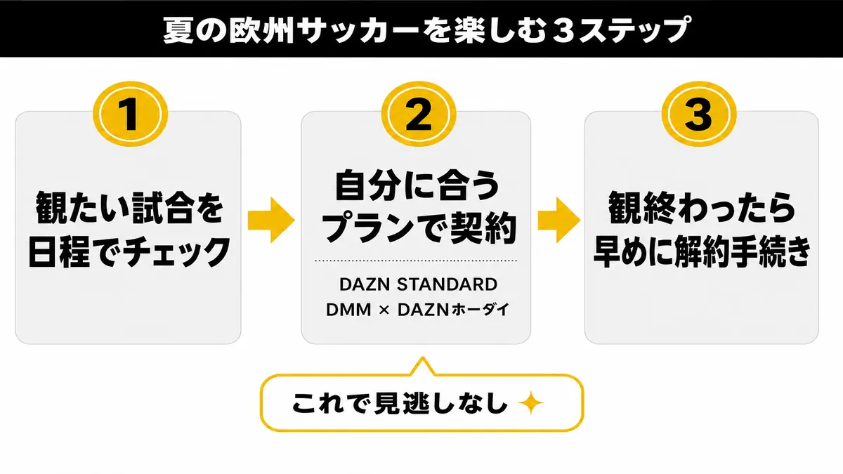 観たい試合を日程で確認し、自分に合うプランで契約し、観終わったら早めに解約手続きする3ステップのまとめ図解